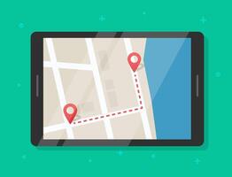 Map route path track with pointer markers online on mobile device tablet screen flat cartoon isolated, travel location navigation direction on roadmap street, internet city street guide app vector