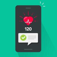 Heart health check test on mobile phone app tracker , smartphone heartbeat good pulse cardiogram line flat cartoon illustration, medical cardiology beat cellphone application vector