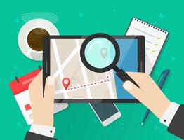 Searching road map location illustration or reviewing trip travel direction route on city navigation digital tablet computer flat, man person exploring roadmap, find street place destination vector