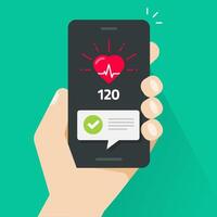 Heart health check test on mobile phone app tracker person hand , smartphone and man heartbeat good pulse cardiogram line flat cartoon illustration, medical cardiology beat cellphone application vector