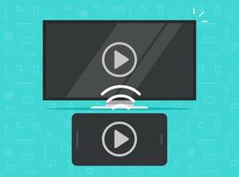 Smartphone screen sharing multimedia app wirelessly or phone cellphone connected to TV streaming and watching content mobile technology flat cartoon illustration isolated modern design vector