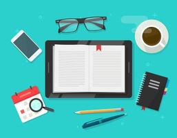 Digital book reading, electronic notebook reader on tablet computer flat cartoon illustration, ebook learning study idea above workplace table desk, education concept modern trendy design vector