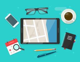 Digital road map navigator in city street tablet computer screen table desk, online electronic roadmap navigation technology icon flat cartoon workplace illustration vector