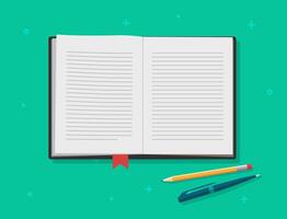 Book open , diary textbook text pages, reading notepad or notebook paper with bookmark, writing via pen and pencil on working desk table top view flat cartoon illustration vector