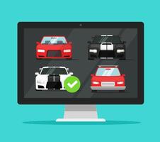 Car auto auction online on desktop computer or pc rental vehicle internet shop website comparison with choosing automobiles flat, concept of digital store buying screen or web selling modern vector