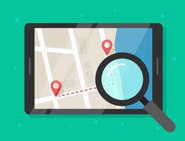 Searching road map location illustration, reviewing trip travel direction route on city navigation digital tablet computer flat, exploring roadmap, find street place destination vector