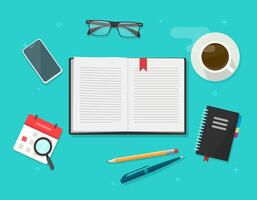 Book or notebook diary open on learning desk table top , textbook text pages, reading notepad paper with bookmark, writing via pen and pencil on workplace flat cartoon illustration vector