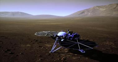 InSight lander exploring the Martian surface from a distant perspective video