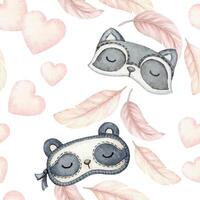 Sleep masks with heart and feather seamless pattern in cartoon style. Hand drawn watercolor illustration on a white background. Perfect for pajama party template and childish paper or fabric designs. vector