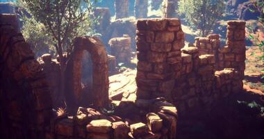 Ancient stone ruins surrounded by lush vegetation in a tranquil setting video