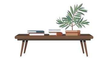 a table with books and a plant on it vector