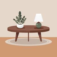 a table with a lamp and plant on it vector