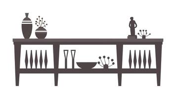 a black and white illustration of a table with vases and bowls vector