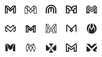 Set of minimalist initial letter M logos on solid white background vector