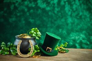 St. Patrick's Day Symbols. A festive setup with a pot of gold, leprechaun hat, horseshoe, and shamrocks photo