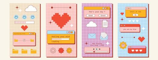 Social media posters template with y2k retro desktop computer. elements set of pop-up windows and screens with playful messages and nostalgic elements like stars, hearts and smile faces vector