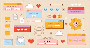 Y2k retro computer window page. icon set of pop-up windows and screens with playful messages and nostalgic elements like stars, hearts and smile faces vector
