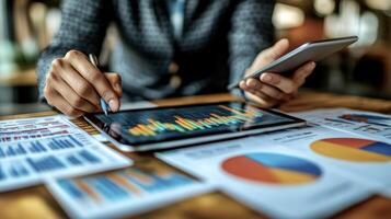 Close-up of the hands of a businessman with an iPad in his hand, leaning over a table on which graphs and documents are laid out photo