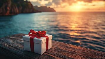Close-up shot of a birthday gift with red ribbon on a rustic wooden table, set in a summer cafe. The background features a serene ocean view with soft waves. photo