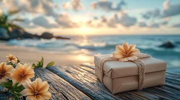 Close-up shot of a birthday gift on a rustic wooden table, set in a summer cafe. The background features a serene ocean view with soft waves. photo