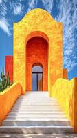 white stone staircase leading up to a bright yellow building against a blue sky with clouds photo