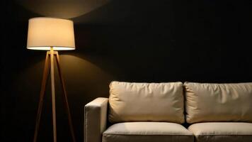 In the dark room, there is a beige sofa and next to it, a floor lamp. On the wall, there is space for copy space photo