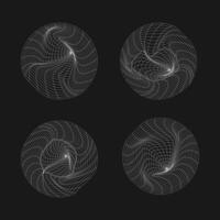 Set of wireframe geometric shapes. Abstract distorted mesh grids. Graphic design elements isolated on black. vector