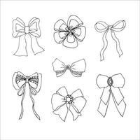 outline set of various decorated bows, coquette style, doodle, hand drawn. vector