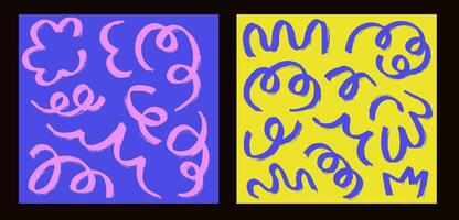 Set posters with doodle grunge playful blue pink scribble. Abstract children background with drawing curve line. vector