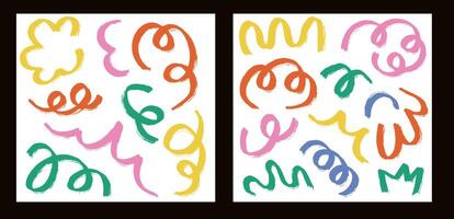 Set posters with doodle grunge playful multicolor scribble. Abstract children background with drawing curve line. vector