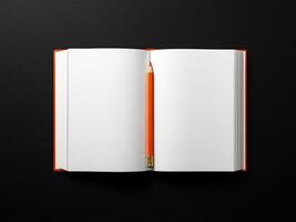 Open book with blank pages and pencil on black background, top view photo