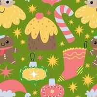 Winter holidays seamless pattern. Bright Christmas pattern with tree, snowman, cake, gingerbread man, candy stick. isolated illustration endless background, wrapping paper, textile vector