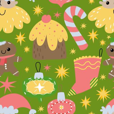 Winter holidays seamless pattern. Bright Christmas pattern with tree, snowman, cake, gingerbread man, candy stick. isolated illustration endless background, wrapping paper, textile