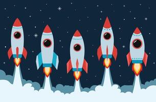 Space shuttle set on space background. Group of rockets. vector