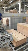Parquet processing. Modern factory equipment. Robots working at industrial factory. Vertical video