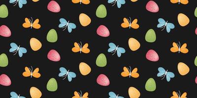 Easter Eggs and Butterflies on Black Background. Seamless pattern with colorful Easter eggs and butterflies on a black background. Holiday spring design for textile, wallpaper, wrapping paper. vector