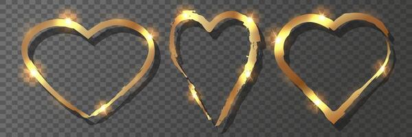 Glowing Gold Heart Frames on Transparent Background. Decorative elements for romantic design, greeting card, and invitation. vector