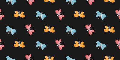 Seamless pattern with colorful butterflies on a black background. Decorative design for textile, wallpaper, wrapping paper, and greeting cards. vector