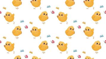 Seamless pattern with cute yellow chicks and small colorful butterflies on a white background. Easter spring design for textile, wallpaper, and wrapping paper. vector