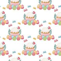 Seamless pattern with traditional Easter cake, colorful eggs, and butterflies on a white background. Easter holiday celebration design for textile, wallpaper, greeting card, and wrapping paper. vector