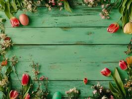 Pink tulips and Easter eggs arranging wooden background. photo