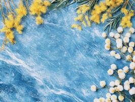 Yellow and white dried spring flowers frame on blue background. photo