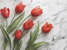 Red tulips arrangement on light background. photo