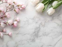 Spring floral composition with tulips and sakura. photo