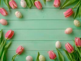 Pink tulips and eggs arranging wooden background. photo