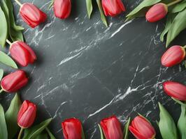 Red tulips arrangement on dark background. photo