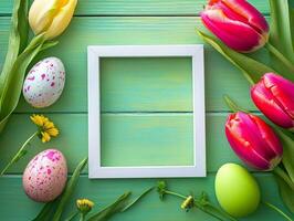 White frame arranged with tulips and eggs. photo