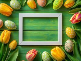 White frame and a bunch of tulips and eggs. photo