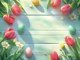Pink tulips, white flowers and eggs arranging wooden background. photo