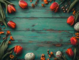 Red tulips and eggs arranging wooden background. photo